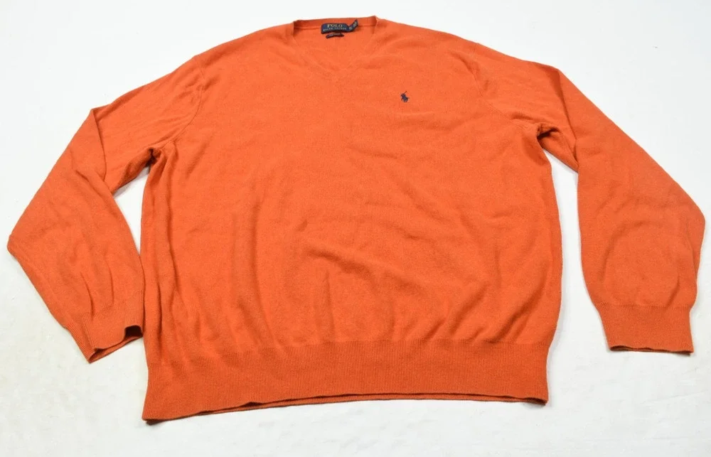 Polo Ralph Lauren Sweater Mens XL Orange Pima Cotton V-Neck Long Sleeve Pullover